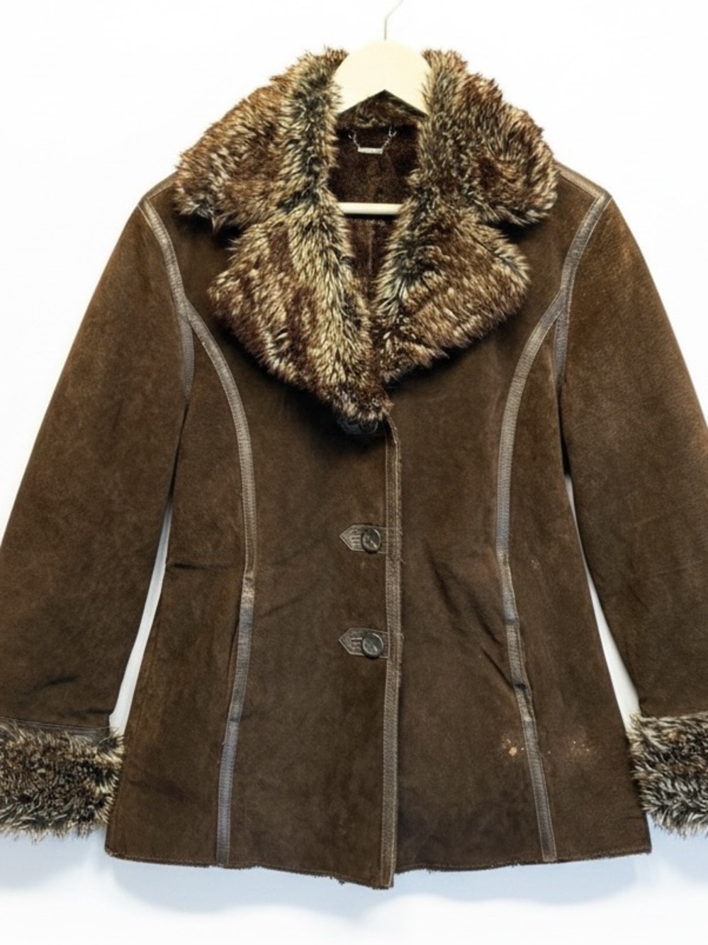 VTG Y2K Penny Lane Coat London Fog Brown Suede Boho Hippie Rave Jacket Afghan SM